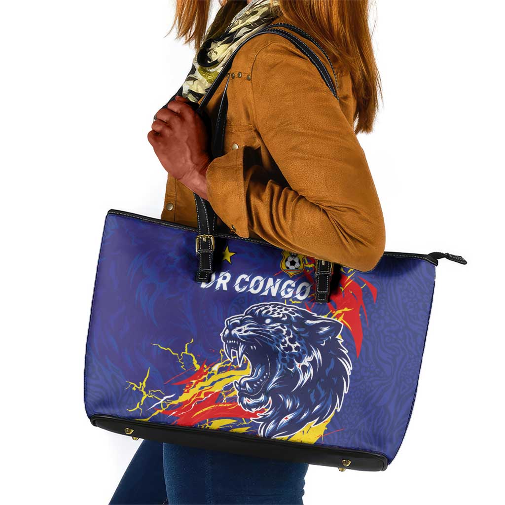 DR Congo Football Leopard Mascot Leather Tote Bag Fierce Leopard Art National Flag Colors