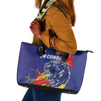 DR Congo Football Leopard Mascot Leather Tote Bag Fierce Leopard Art National Flag Colors