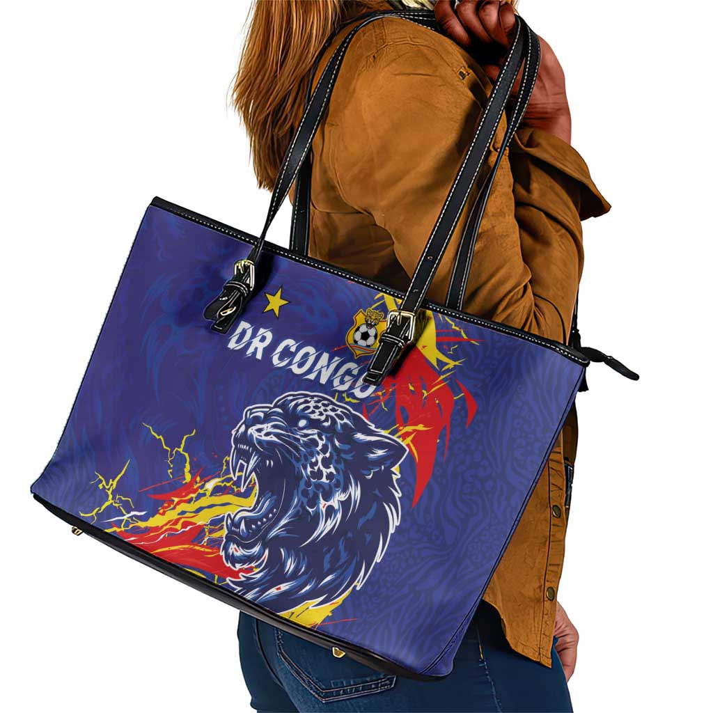 DR Congo Football Leopard Mascot Leather Tote Bag Fierce Leopard Art National Flag Colors