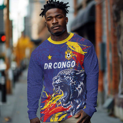 Custom DR Congo Football Leopard Mascot Long Sleeve Shirt Fierce Leopard Art National Flag Colors