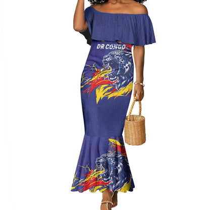 Custom DR Congo Football Leopard Mascot Mermaid Dress Fierce Leopard Art National Flag Colors