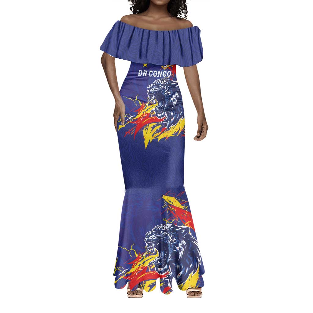Custom DR Congo Football Leopard Mascot Mermaid Dress Fierce Leopard Art National Flag Colors