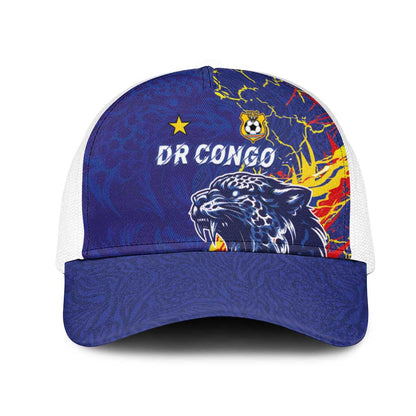 DR Congo Football Leopard Mascot Mesh Trucker Cap Fierce Leopard Art In National Flag Colors
