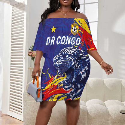 Custom DR Congo Football Leopard Mascot Off Shoulder Short Dress Fierce Leopard Art National Flag Colors