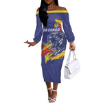Custom DR Congo Football Leopard Mascot Off The Shoulder Long Sleeve Dress Fierce Leopard Art National Flag Colors