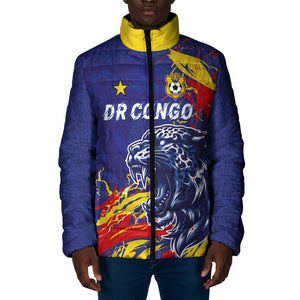 Custom DR Congo Football Leopard Mascot Padded Jacket Fierce Leopard Art National Flag Colors