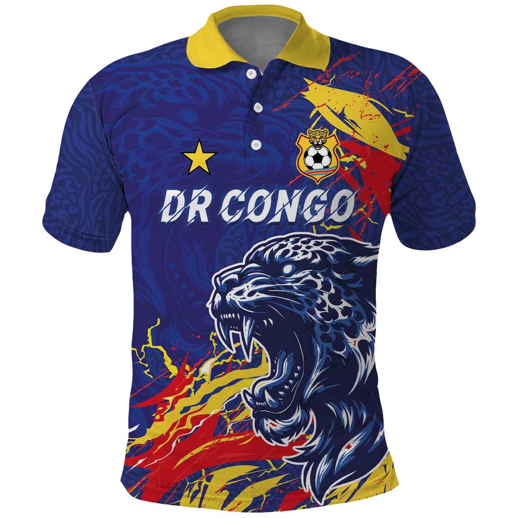 Custom DR Congo Football Leopard Mascot Polo Shirt Fierce Leopard Art National Flag Colors