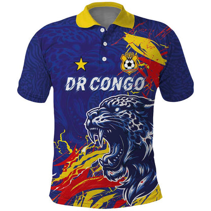 Custom DR Congo Football Leopard Mascot Polo Shirt Fierce Leopard Art National Flag Colors