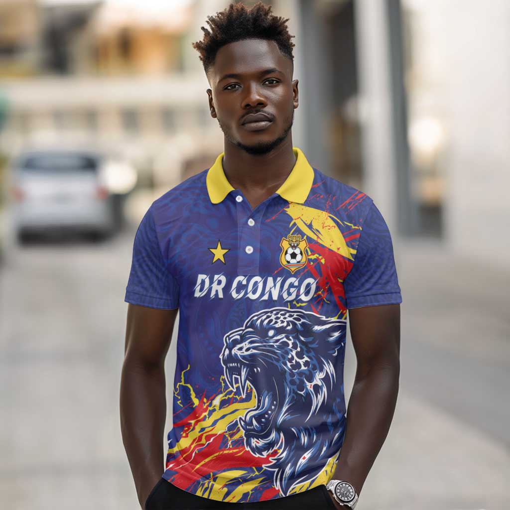 Custom DR Congo Football Leopard Mascot Polo Shirt Fierce Leopard Art National Flag Colors