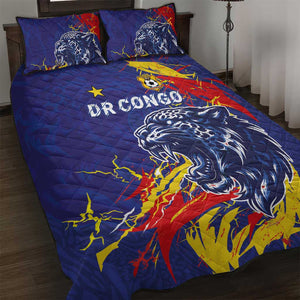 DR Congo Football Leopard Mascot Quilt Bed Set Fierce Leopard Art National Flag Colors