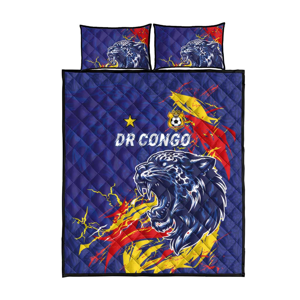 DR Congo Football Leopard Mascot Quilt Bed Set Fierce Leopard Art National Flag Colors