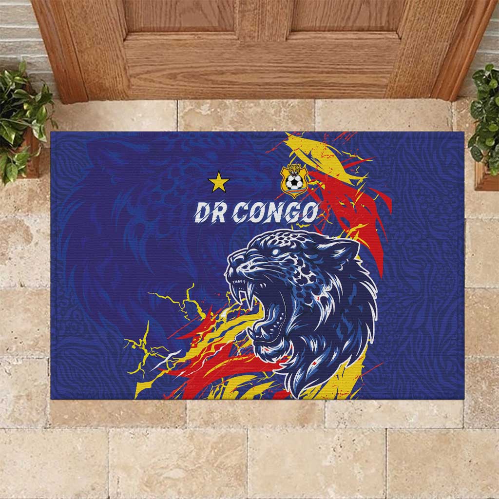 DR Congo Football Leopard Mascot Rubber Doormat Fierce Leopard Art National Flag Colors
