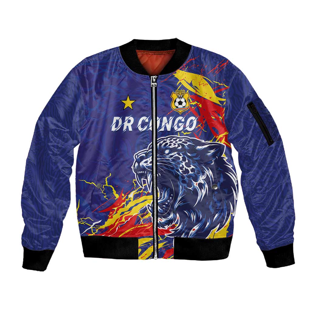 Custom DR Congo Football Leopard Mascot Sleeve Zip Bomber Jacket Fierce Leopard Art National Flag Colors