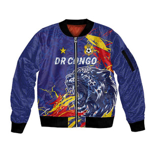 Custom DR Congo Football Leopard Mascot Sleeve Zip Bomber Jacket Fierce Leopard Art National Flag Colors