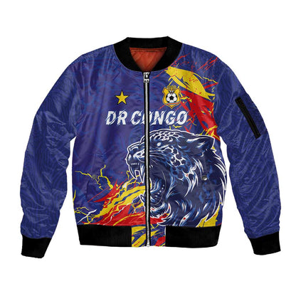 Custom DR Congo Football Leopard Mascot Sleeve Zip Bomber Jacket Fierce Leopard Art National Flag Colors