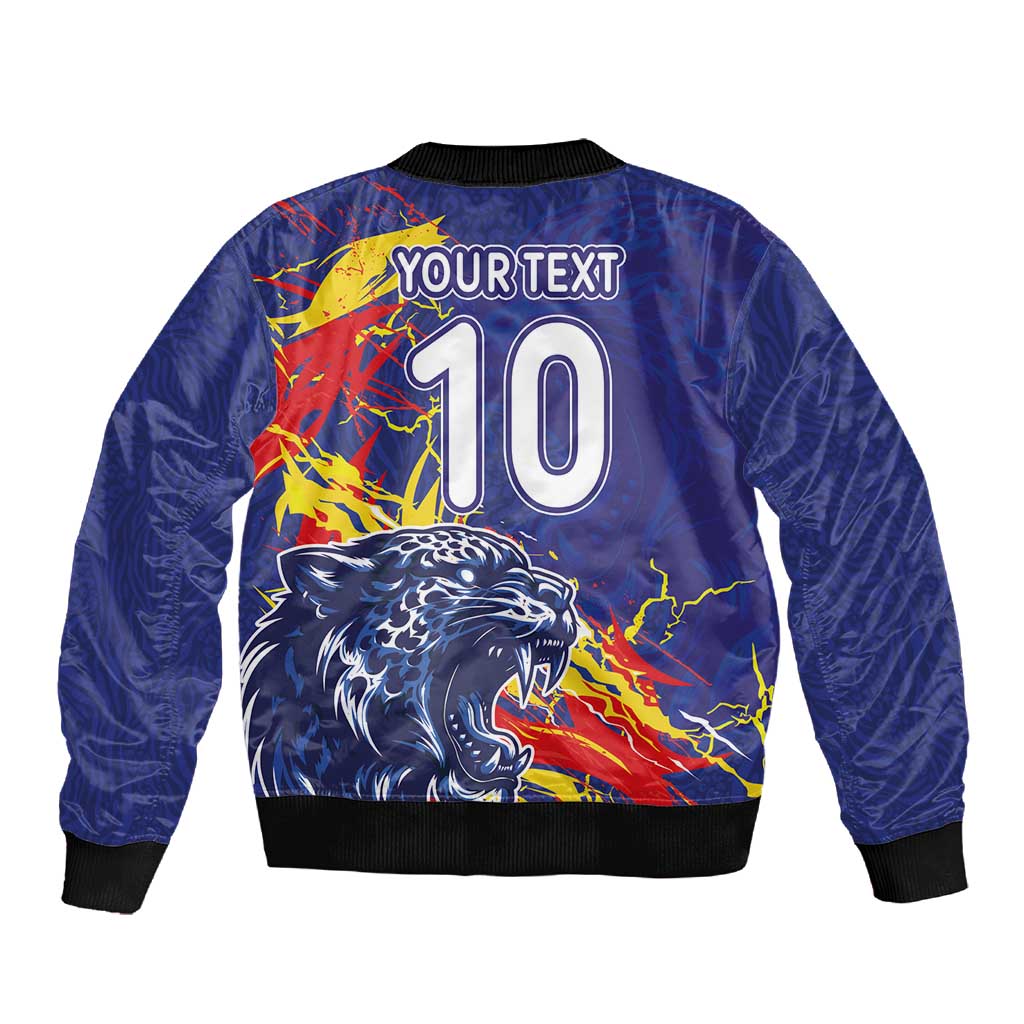 Custom DR Congo Football Leopard Mascot Sleeve Zip Bomber Jacket Fierce Leopard Art National Flag Colors