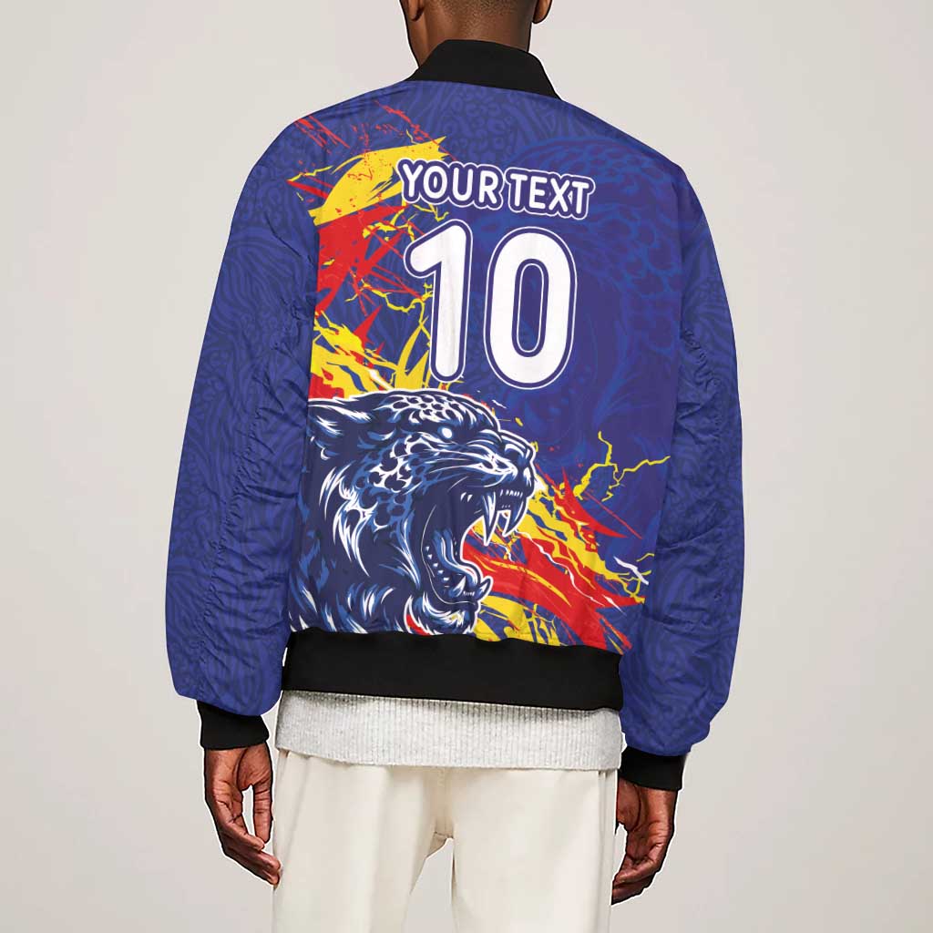Custom DR Congo Football Leopard Mascot Sleeve Zip Bomber Jacket Fierce Leopard Art National Flag Colors