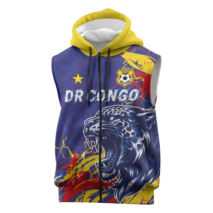 Custom DR Congo Football Leopard Mascot Sleeveless Zip Hoodie Fierce Leopard Art National Flag Colors