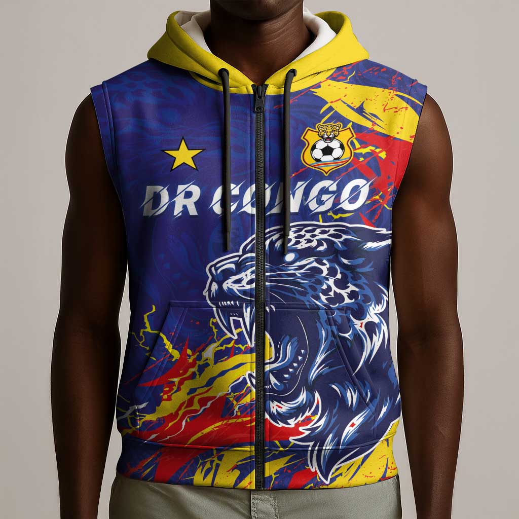 Custom DR Congo Football Leopard Mascot Sleeveless Zip Hoodie Fierce Leopard Art National Flag Colors