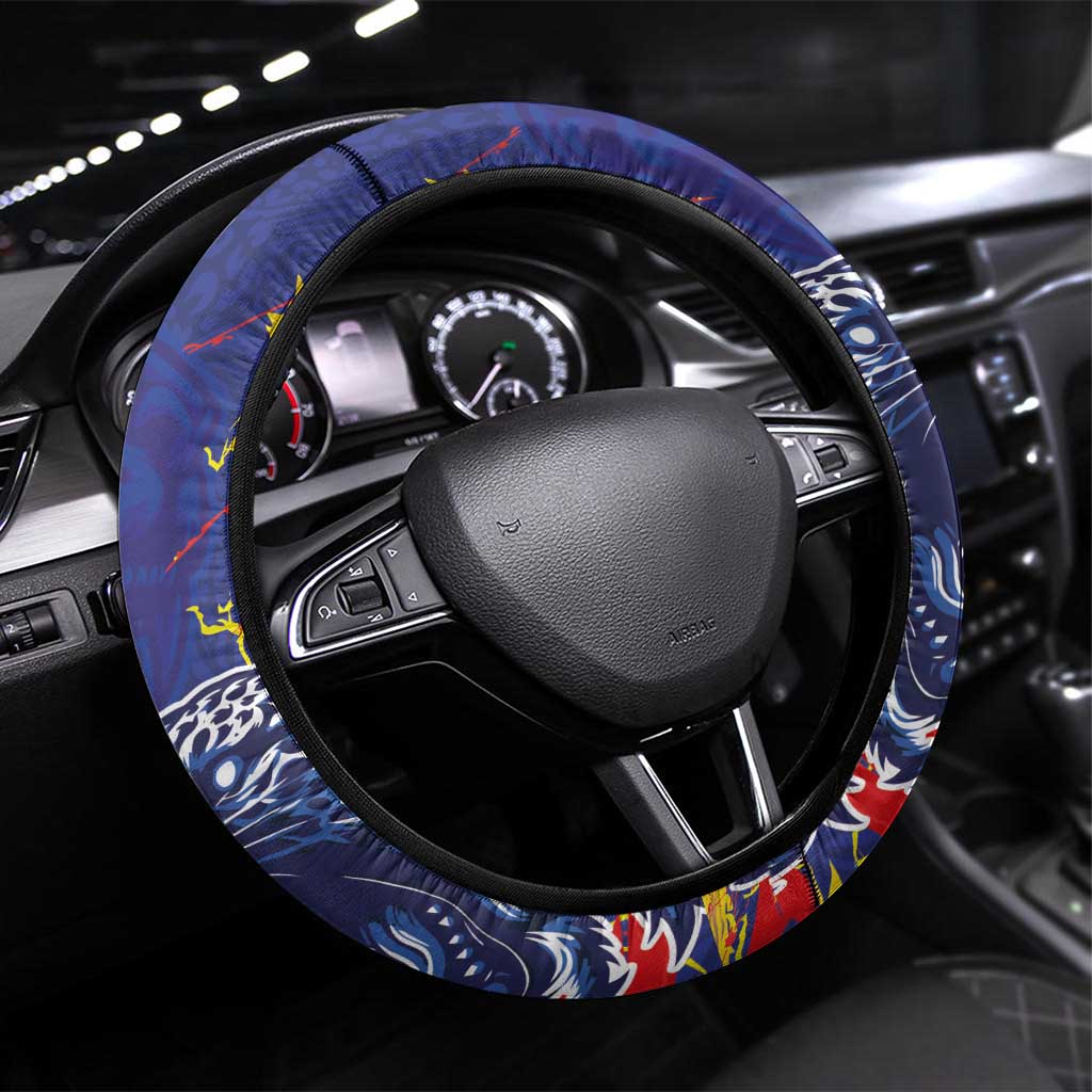 DR Congo Football Leopard Mascot Steering Wheel Cover Fierce Leopard Art National Flag Colors