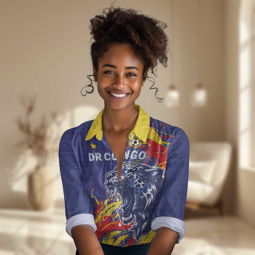Custom DR Congo Football Leopard Mascot Women Casual Shirt Fierce Leopard Art National Flag Colors