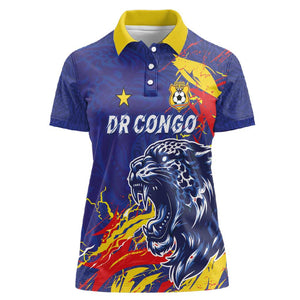 Custom DR Congo Football Leopard Mascot Women Polo Shirt Fierce Leopard Art National Flag Colors