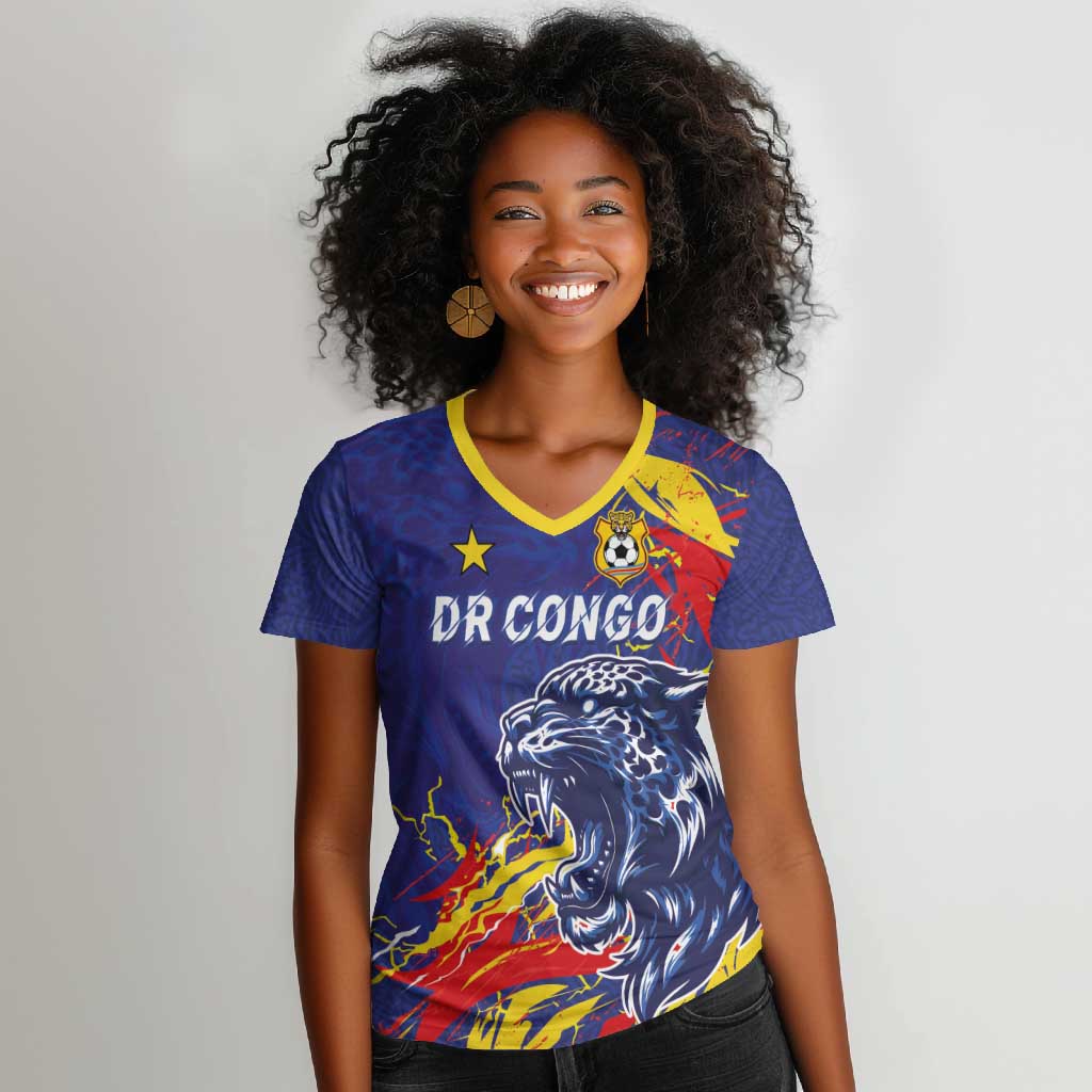 Custom DR Congo Football Leopard Mascot Women V-Neck T-Shirt Fierce Leopard Art National Flag Colors