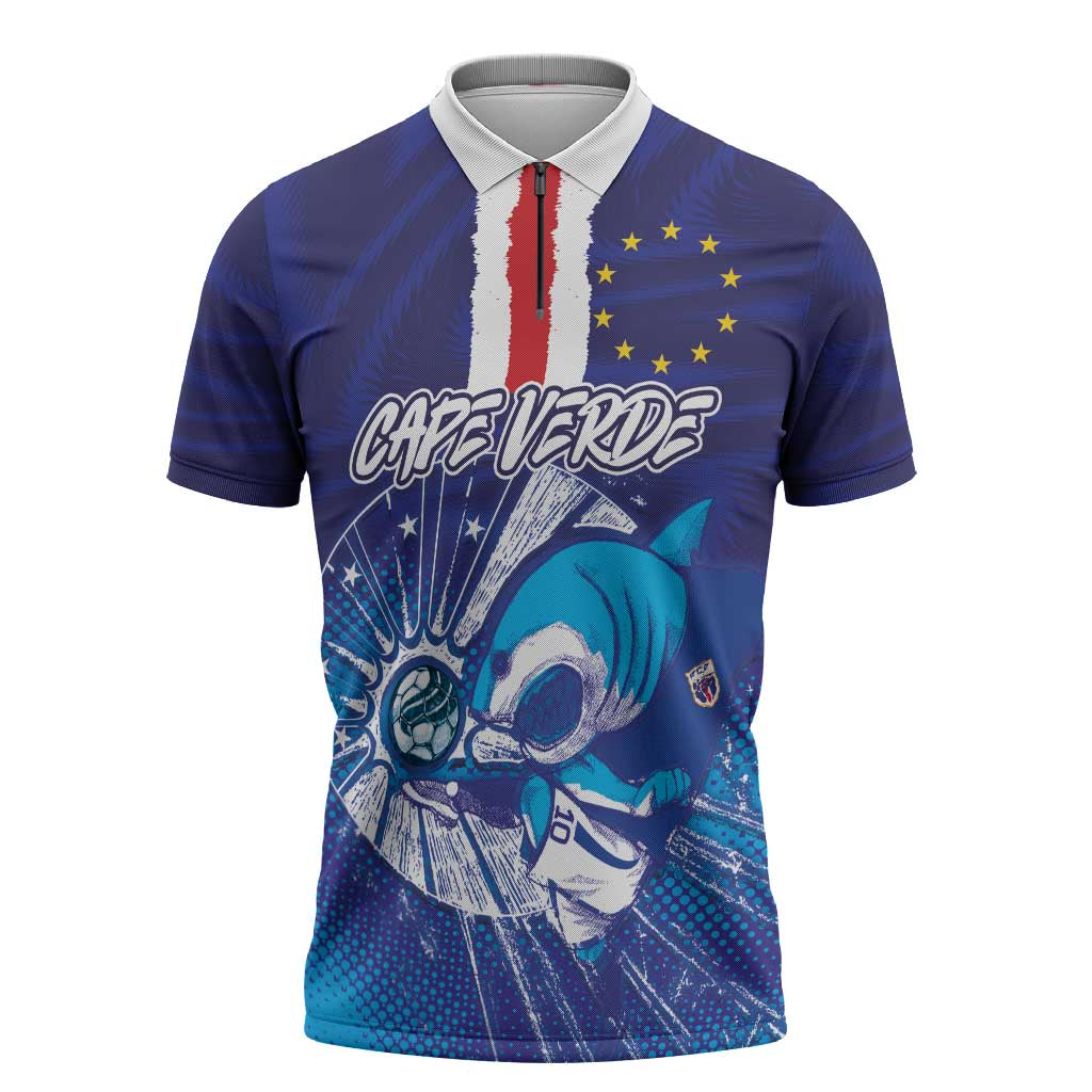 Custom Cape Verde Football Blue Shark Mascot Zipper Polo Shirt Glory 2026