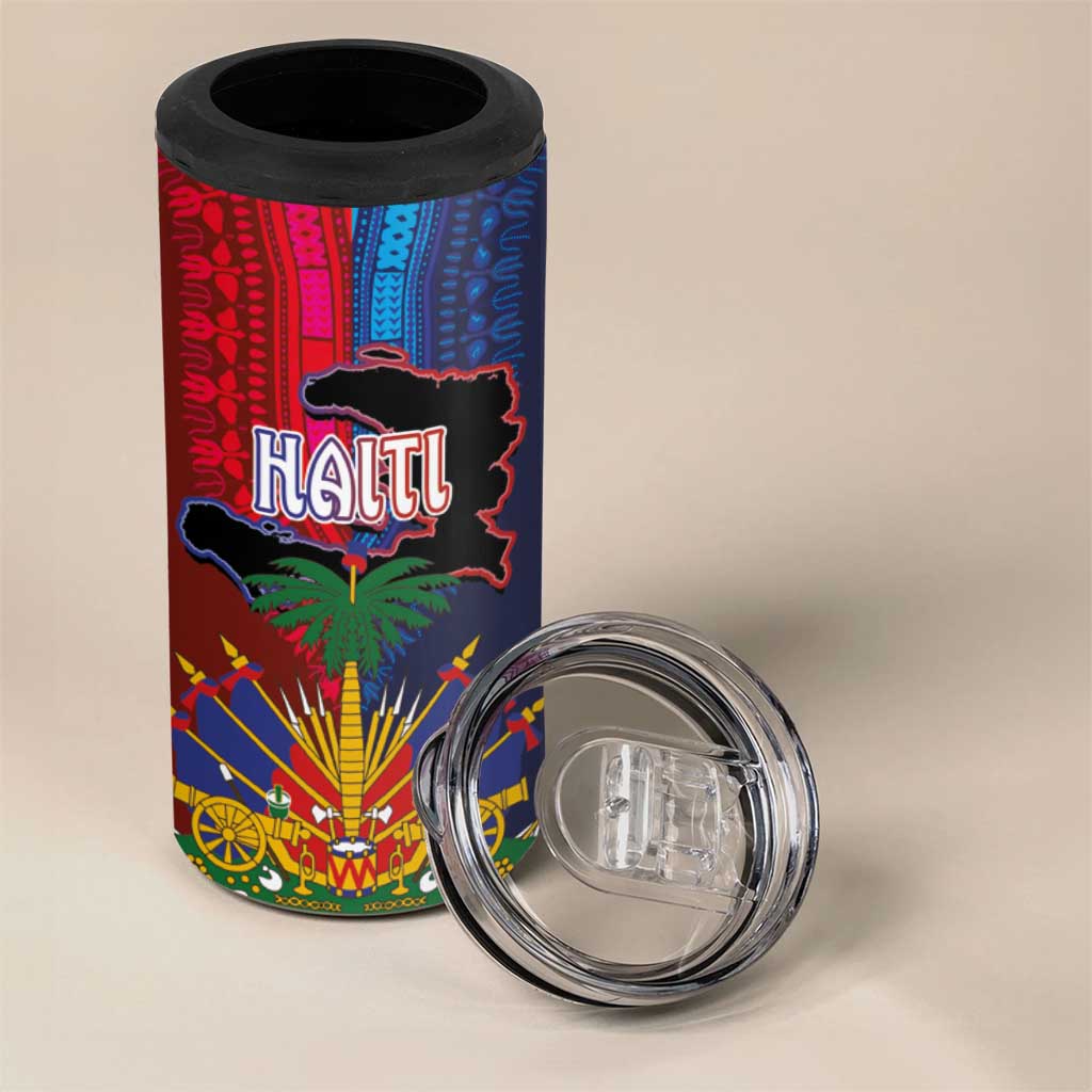 Haiti Coat Of Arms Map Dashiki 4 in 1 Can Cooler Tumbler Vibrant Caribbean Heritage