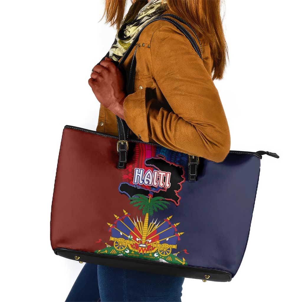 Haiti Coat Of Arms Map Dashiki Leather Tote Bag Vibrant Caribbean Heritage