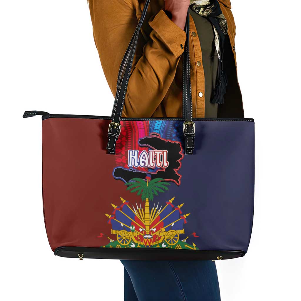 Haiti Coat Of Arms Map Dashiki Leather Tote Bag Vibrant Caribbean Heritage