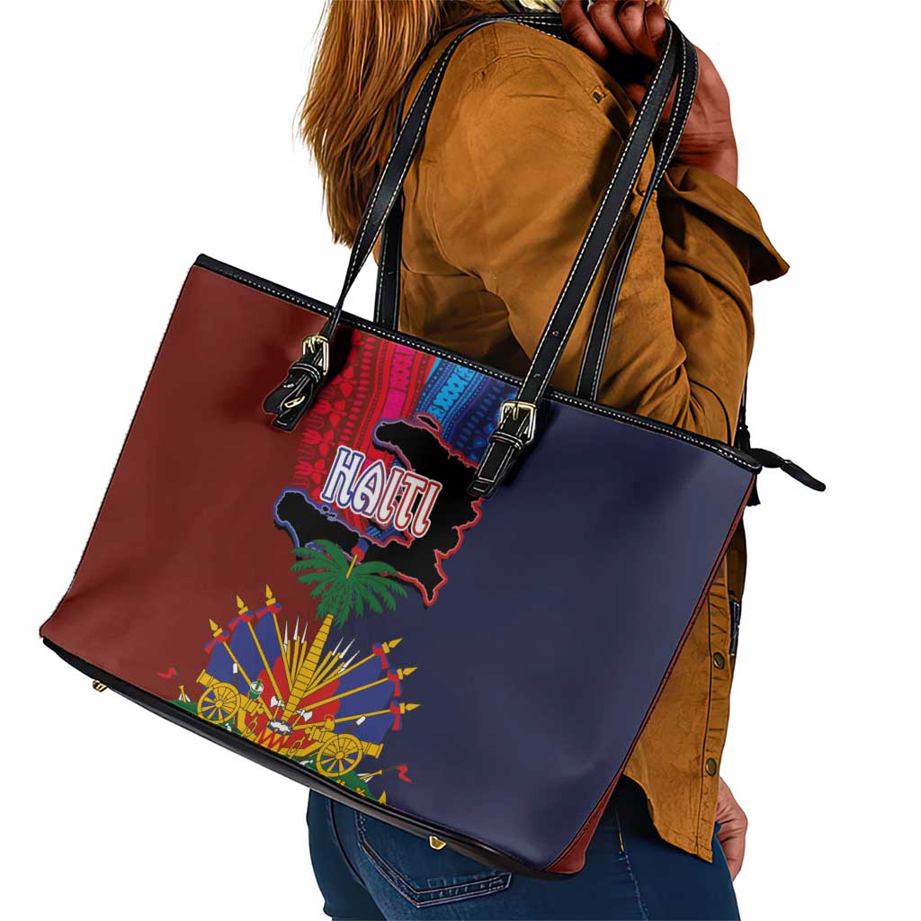 Haiti Coat Of Arms Map Dashiki Leather Tote Bag Vibrant Caribbean Heritage