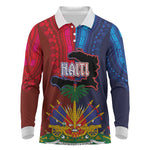 Haiti Coat Of Arms Map Dashiki Long Sleeve Polo Shirt Vibrant Caribbean Heritage
