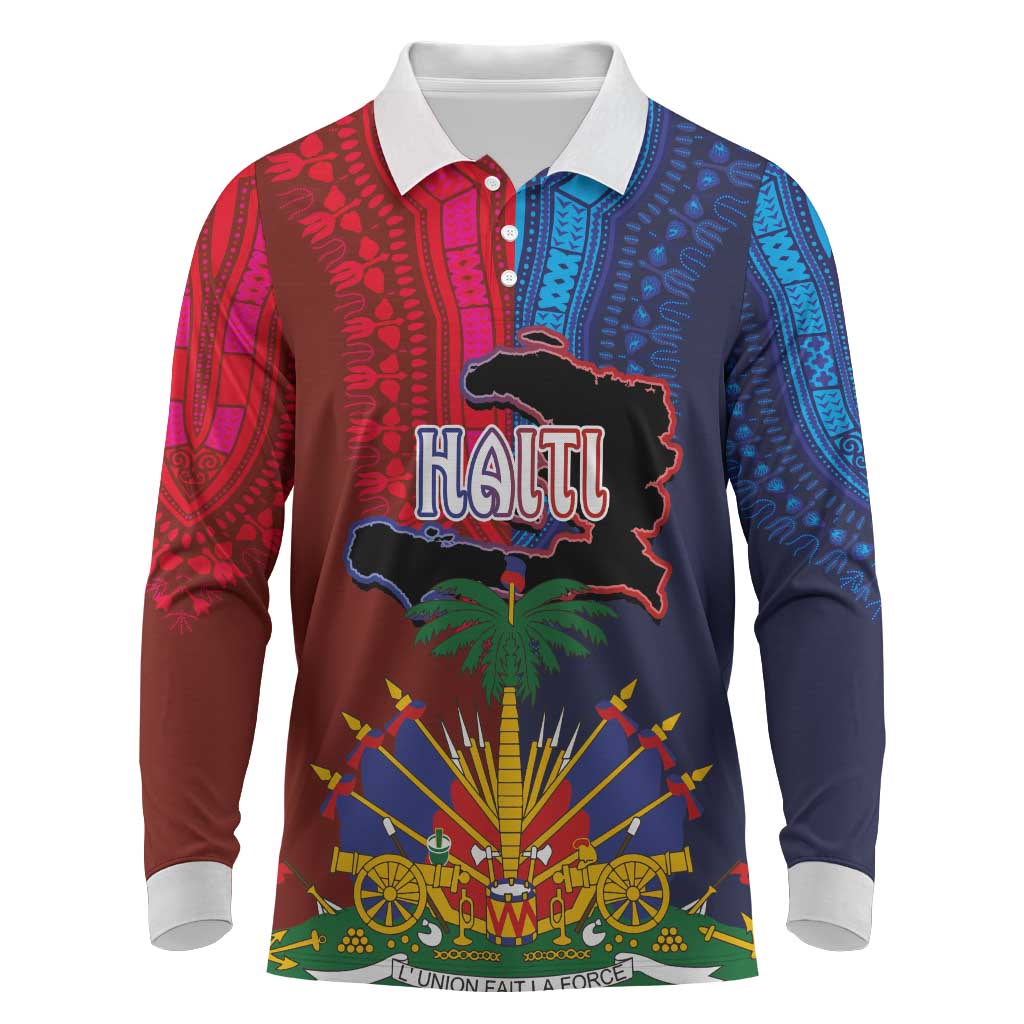 Haiti Coat Of Arms Map Dashiki Long Sleeve Polo Shirt Vibrant Caribbean Heritage