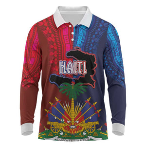 Haiti Coat Of Arms Map Dashiki Long Sleeve Polo Shirt Vibrant Caribbean Heritage