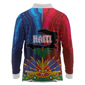 Haiti Coat Of Arms Map Dashiki Long Sleeve Polo Shirt Vibrant Caribbean Heritage