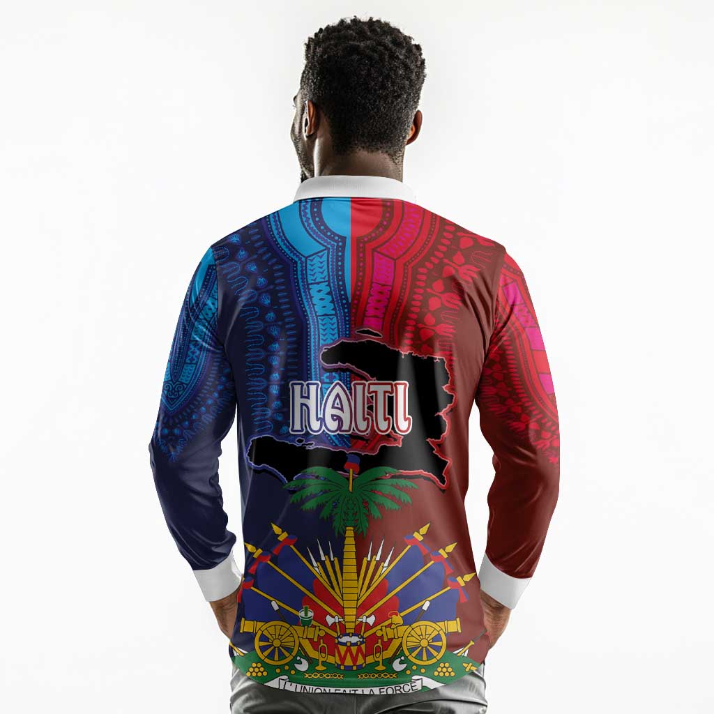Haiti Coat Of Arms Map Dashiki Long Sleeve Polo Shirt Vibrant Caribbean Heritage