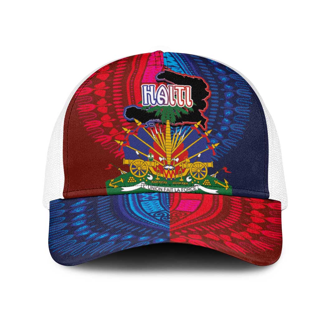 Haiti Coat Of Arms Map Dashiki Mesh Trucker Cap Vibrant Caribbean Heritage