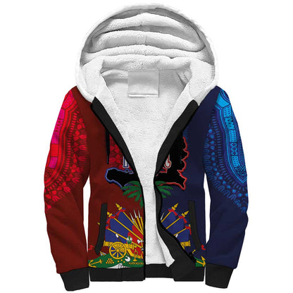 Haiti Coat Of Arms Map Dashiki Sherpa Hoodie Vibrant Caribbean Heritage