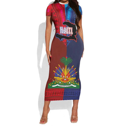 Haiti Coat Of Arms Map Dashiki Short Sleeve Bodycon Dress Vibrant Caribbean Heritage