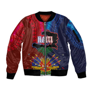 Haiti Coat Of Arms Map Dashiki Sleeve Zip Bomber Jacket Vibrant Caribbean Heritage