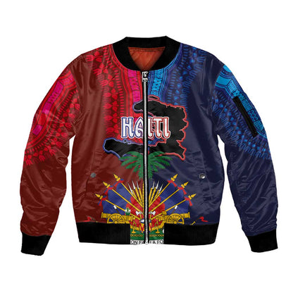 Haiti Coat Of Arms Map Dashiki Sleeve Zip Bomber Jacket Vibrant Caribbean Heritage