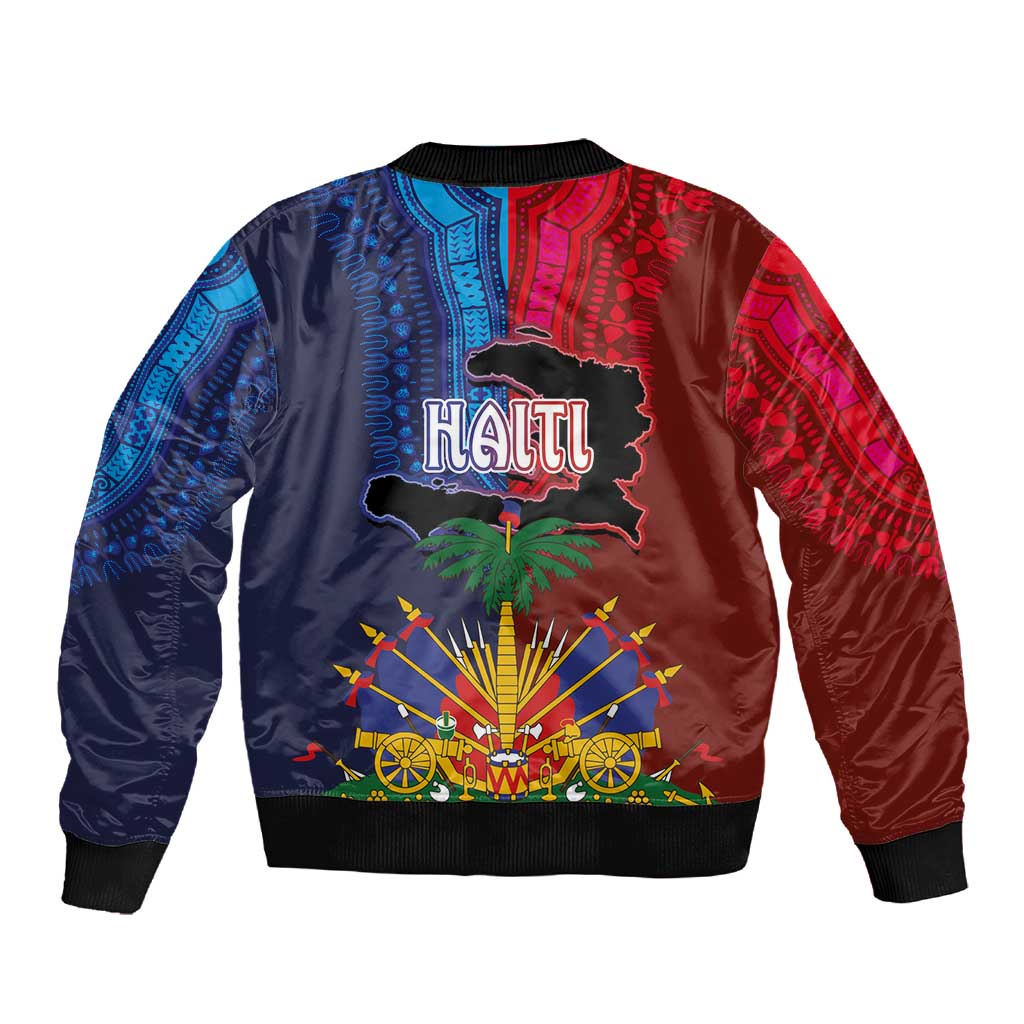 Haiti Coat Of Arms Map Dashiki Sleeve Zip Bomber Jacket Vibrant Caribbean Heritage
