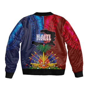 Haiti Coat Of Arms Map Dashiki Sleeve Zip Bomber Jacket Vibrant Caribbean Heritage