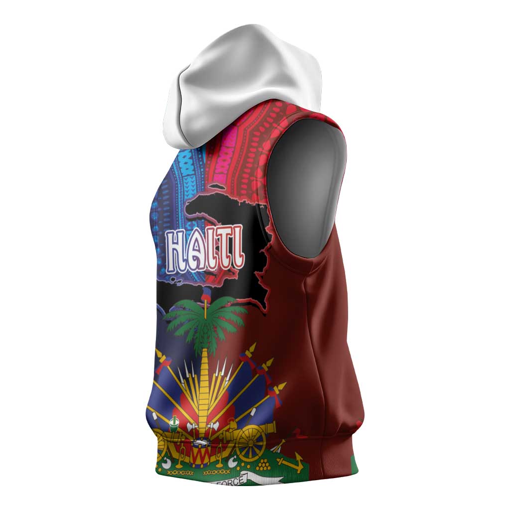 Haiti Coat Of Arms Map Dashiki Sleeveless Hoodie Vibrant Caribbean Heritage