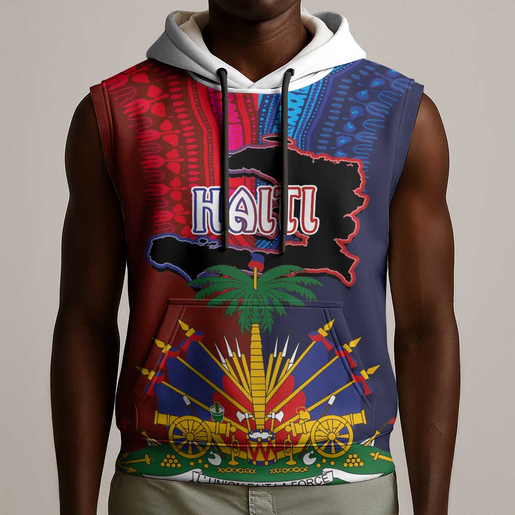 Haiti Coat Of Arms Map Dashiki Sleeveless Hoodie Vibrant Caribbean Heritage