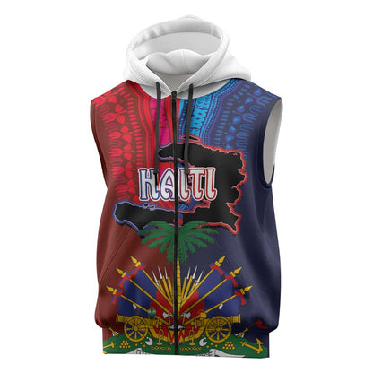 Haiti Coat Of Arms Map Dashiki Sleeveless Zip Hoodie Vibrant Caribbean Heritage