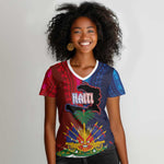 Haiti Coat Of Arms Map Dashiki Women V-Neck T-Shirt Vibrant Caribbean Heritage
