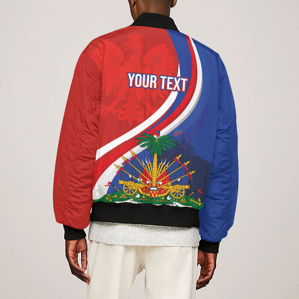 Personalized Haiti and Poland Cultural Fusion Bomber Jacket White Eagle and Haitian Independence Symbols