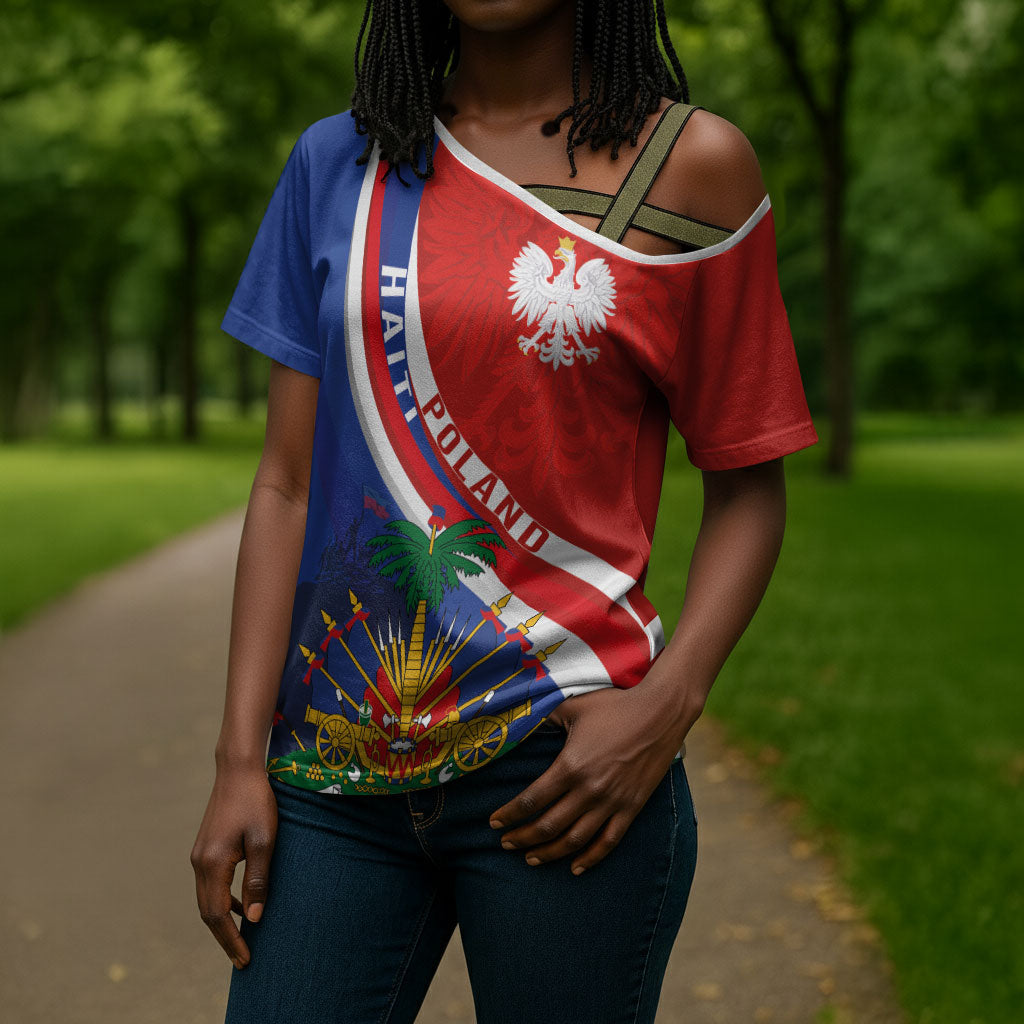 Personalized Haiti and Poland Cultural Fusion Cross Shoulder Shirt White Eagle and Haitian Independence Symbols